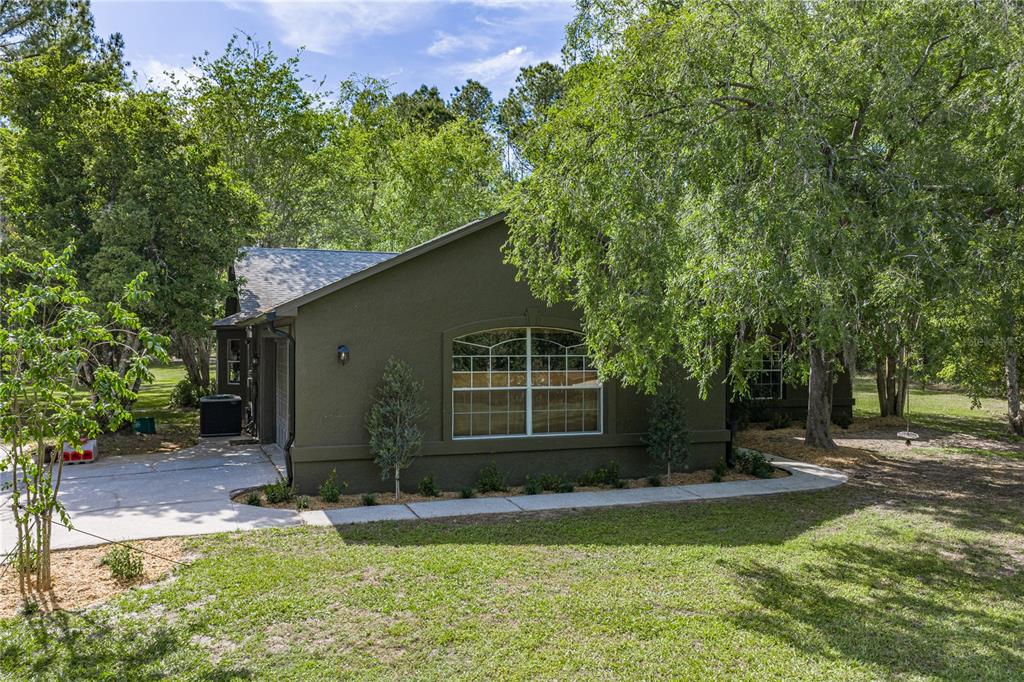 A side view of a dark green house with a concrete walkway and surrounding trees — 9091 MCINTYRE ROAD, BROOKSVILLE, FL