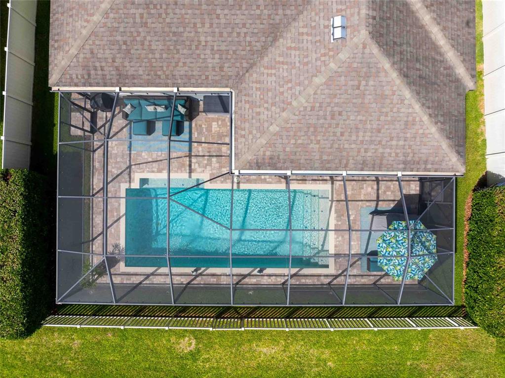 An aerial view shows a swimming pool enclosed by a screen cage behind a house — 8306 BLUEVINE SKY DRIVE, LAND O LAKES, FL