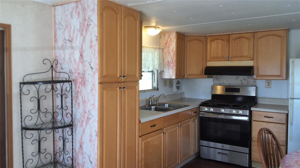 A kitchen features light wood cabinets, pink marble-patterned walls, and stainless steel appliances — 2488 N PARK POINT, HERNANDO, FL