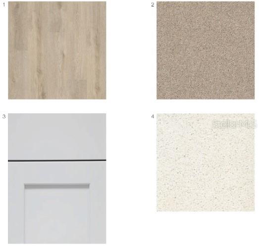 This image shows a collage of four interior design material samples, including flooring, carpet, cabinetry, and countertops — 13747 SQUALL LANE, HUDSON, FL