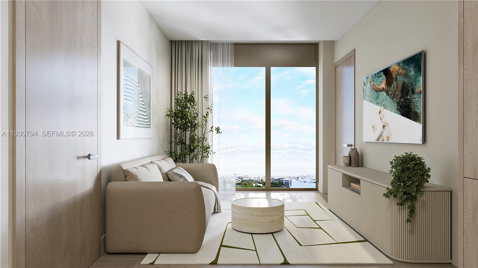 This rendering shows a modern living room with a sofa, coffee table, and television — 1741 SW 2nd Avenue # 331, Miami FL 33129, MIAMI, FL