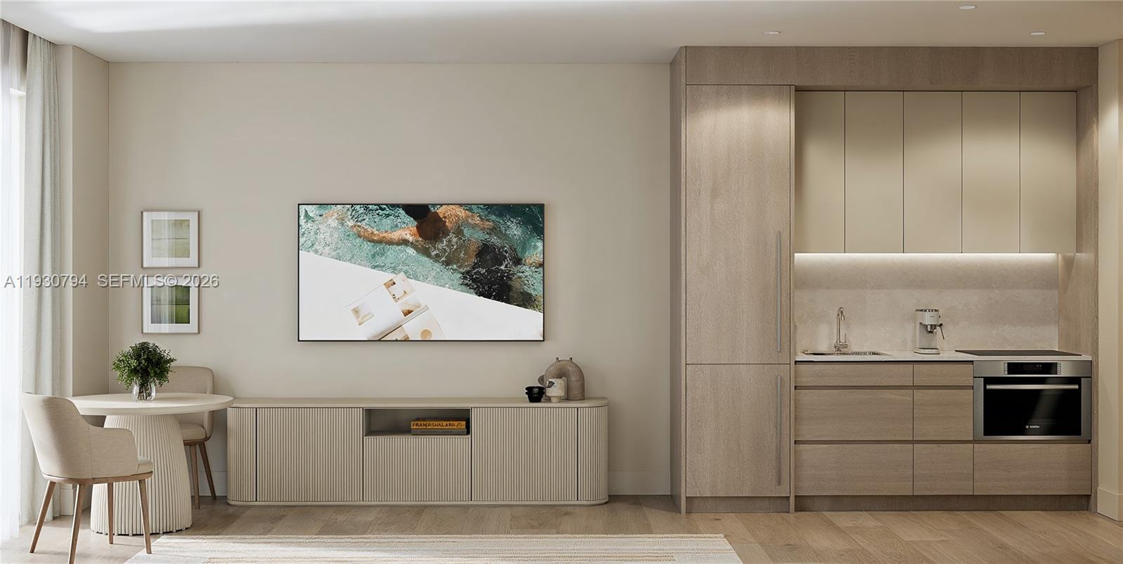 This rendering shows a modern kitchen and living area with light wood cabinetry and furniture — 1741 SW 2nd Avenue # 331, Miami FL 33129, MIAMI, FL