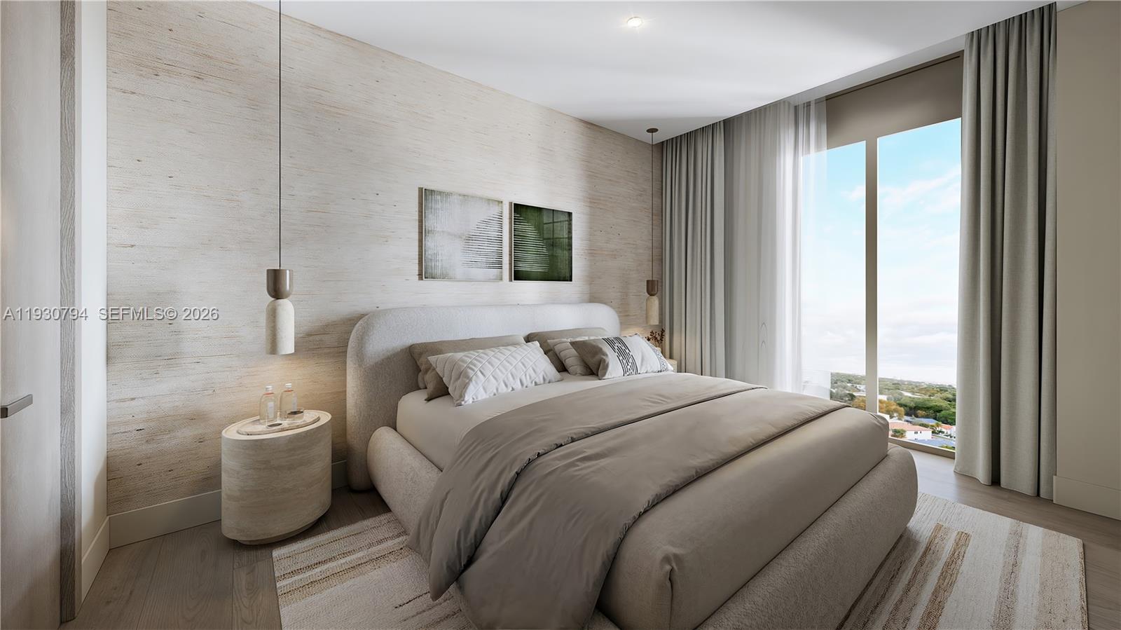 This rendering shows a modern bedroom with a textured accent wall and floor-to-ceiling curtains — 1741 SW 2nd Avenue # 331, Miami FL 33129, MIAMI, FL