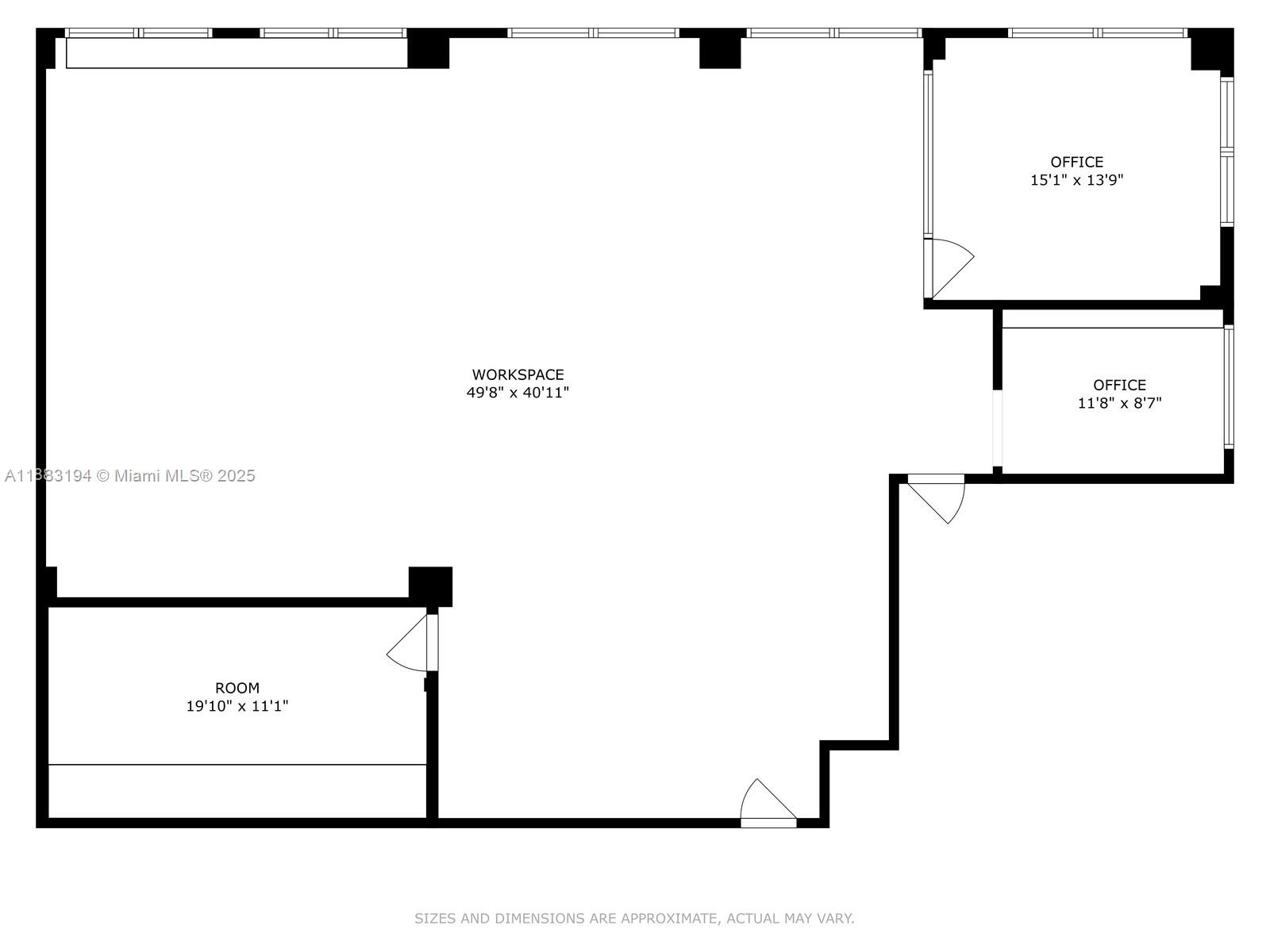 This is a floor plan showing a large workspace, three separate rooms, and two offices — 7950 NW 53rd St # 300A, Doral FL 33166, DORAL, FL