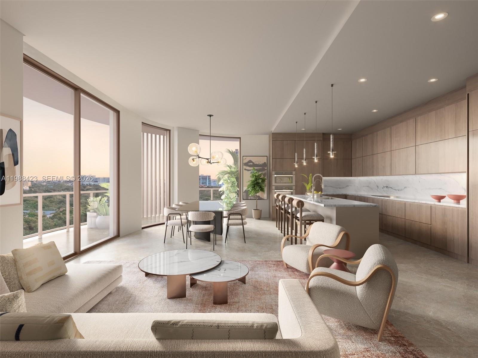 This rendering shows an open-concept living area with a modern kitchen, dining space, and balcony — 2650 Lincoln Ave # 406, Miami FL 33133, MIAMI, FL
