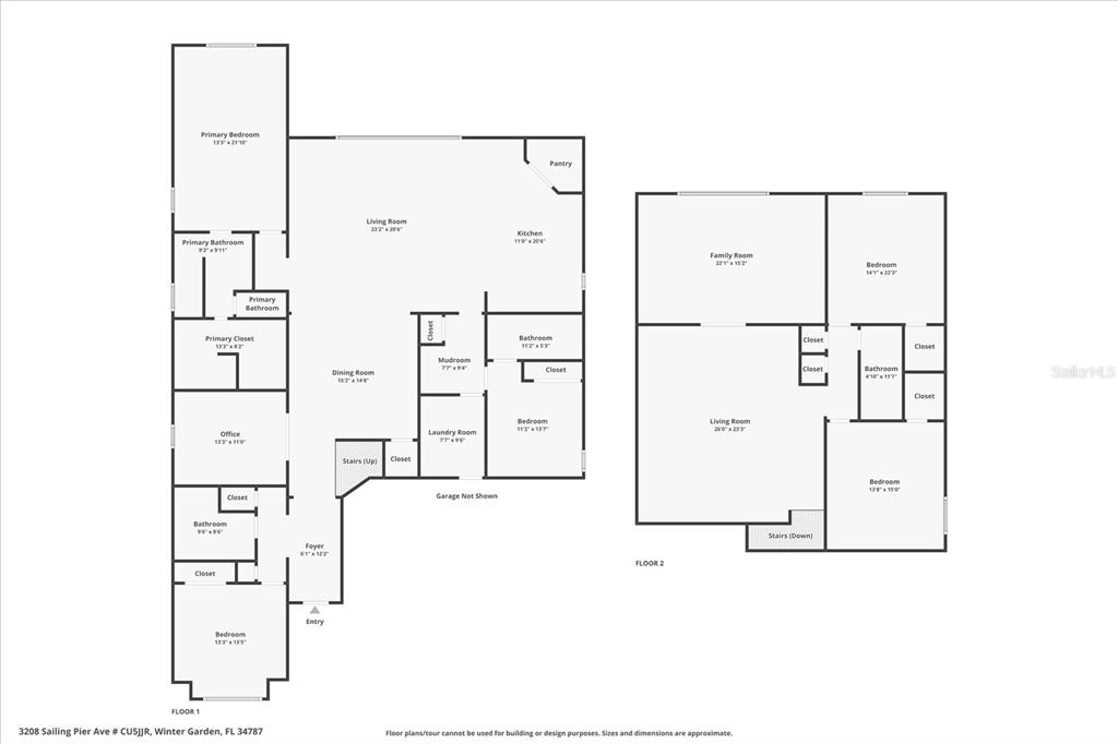 This is a two-story floor plan showing the layout of rooms, closets, and bathrooms — 3208 SAILING PIER AVENUE, WINTER GARDEN, FL