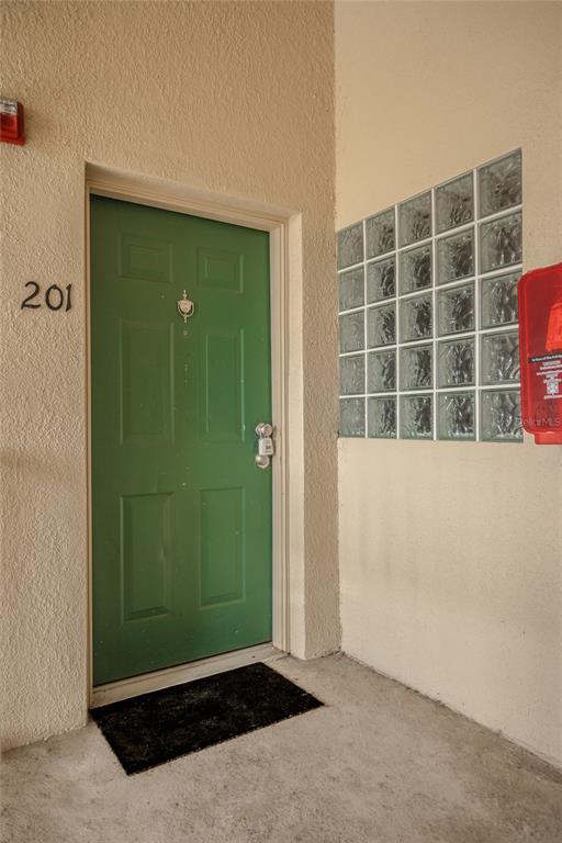 A green front door with a lockbox and glass block window on a beige exterior — 6007 SKYDALE WAY UNIT 201, RIVERVIEW, FL