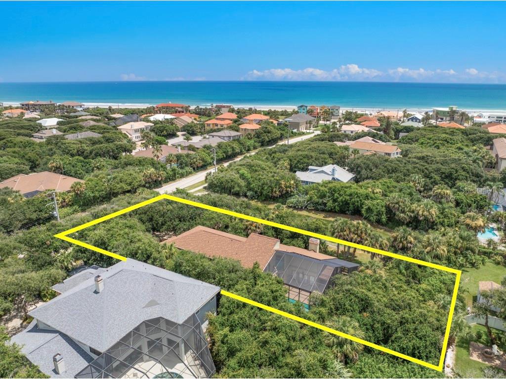 An aerial view shows a house with a screened pool enclosure surrounded by dense trees — 59 BEACH STREET, PONCE INLET, FL