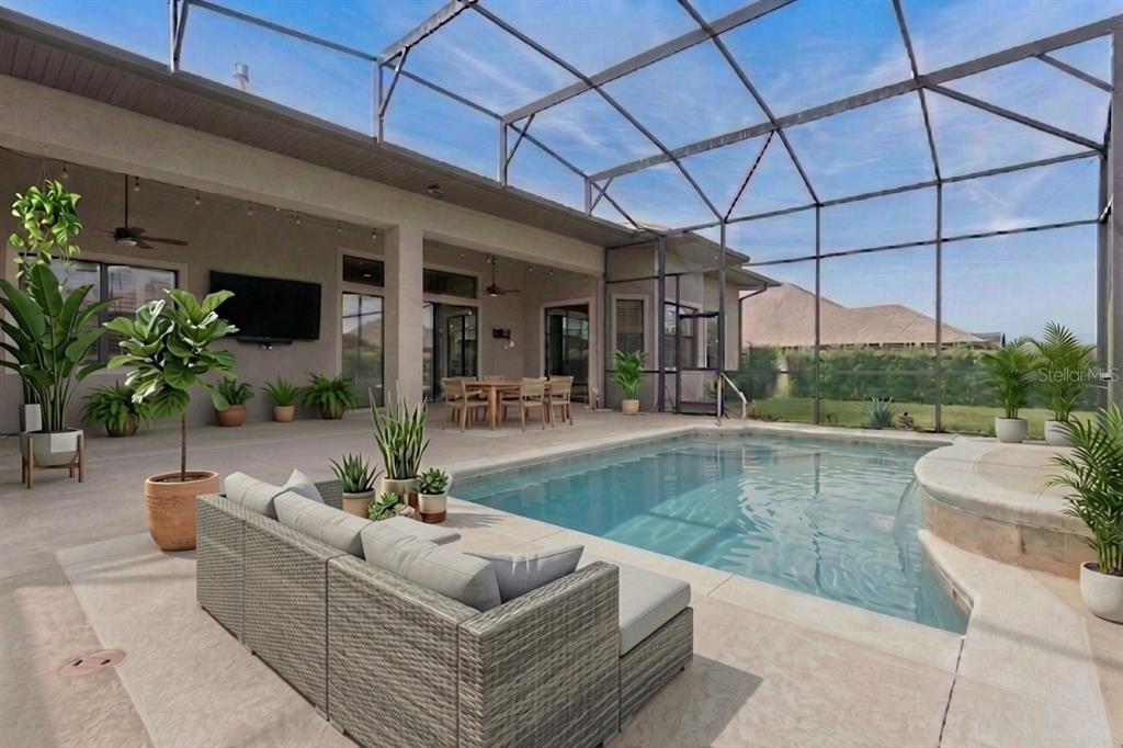 A screened-in patio features a swimming pool, outdoor seating, and a dining area — 39513 HILLRISE LANE, LADY LAKE, FL