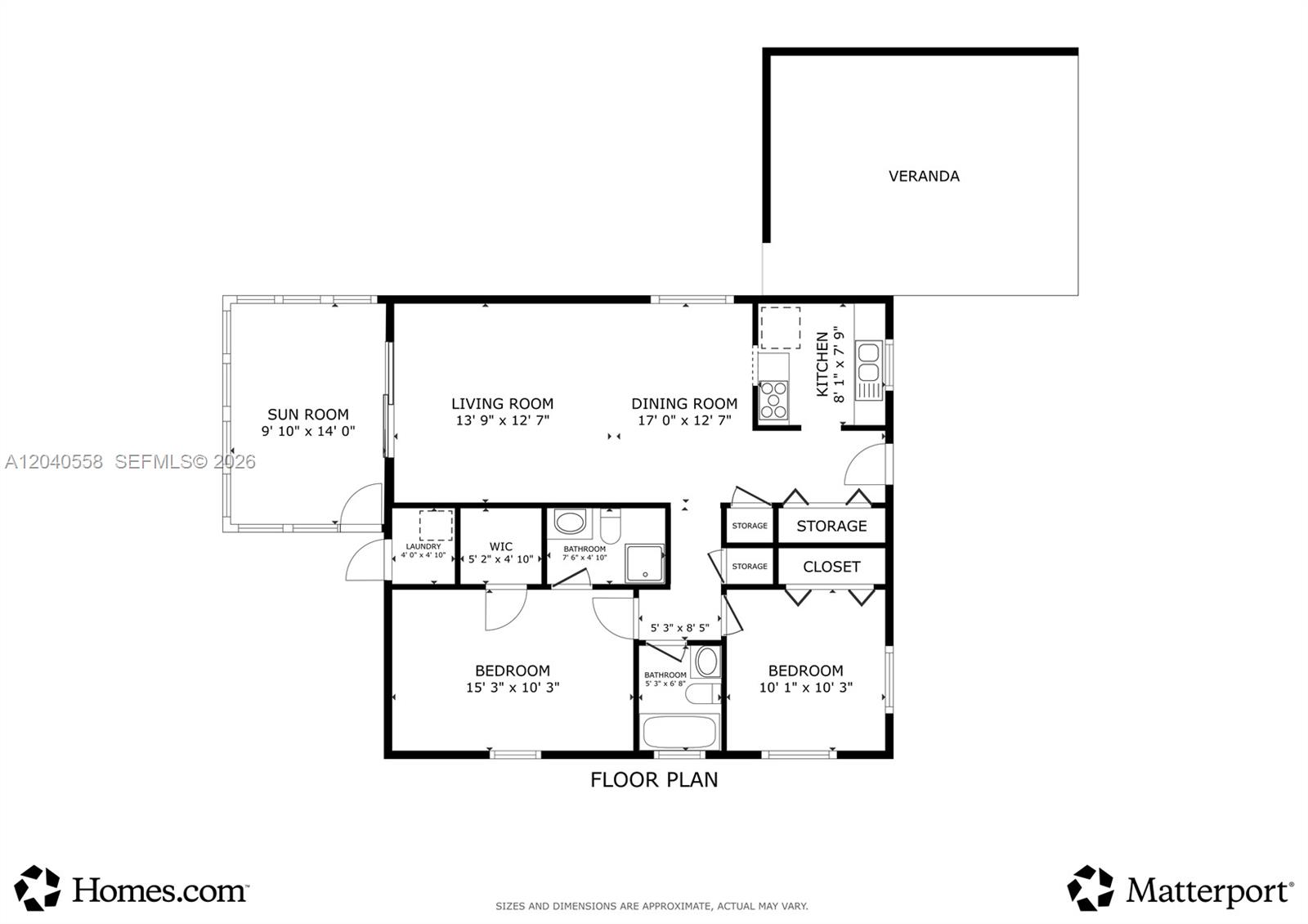 This is a floor plan showing a two-bedroom home with a sunroom and a veranda — 2208 Gardenia Way, Lehigh Acres FL 33936, LEHIGH ACRES, FL