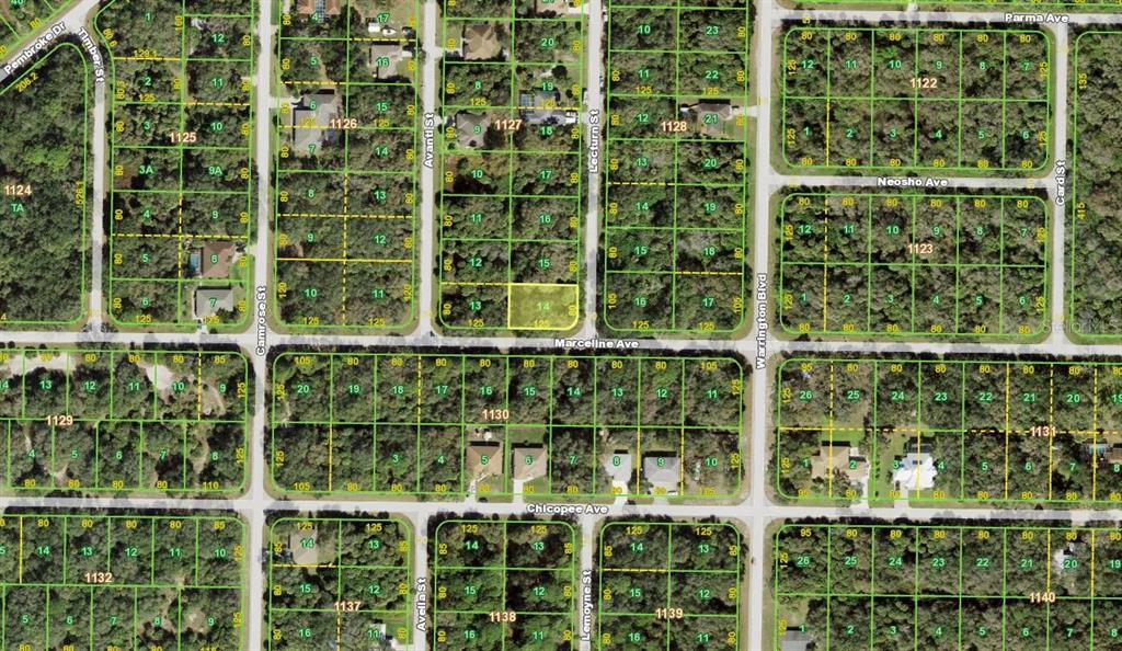 This is an aerial map showing residential land parcels and street layouts — 323 LECTURN STREET, PORT CHARLOTTE, FL