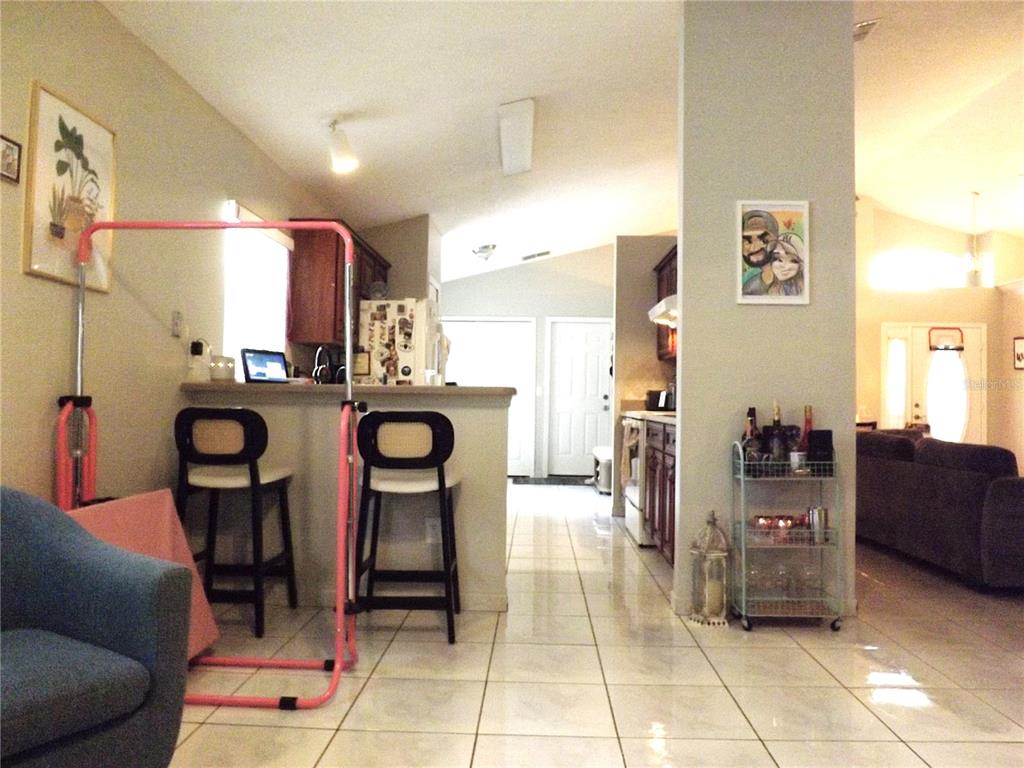A kitchen with a breakfast bar, tiled floors, and a pink gymnastics bar in the foreground — 216 SANDHILL CRANE RUN, ORLANDO, FL