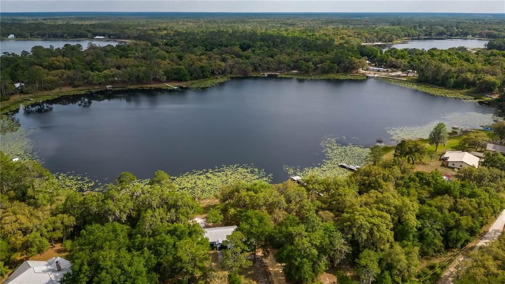 An aerial view shows a lake surrounded by dense trees and several houses — 22649 NE 105TH AVENUE ROAD, FORT MC COY, FL