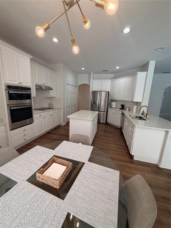 A kitchen features white cabinetry, stainless steel appliances, a central island, and wood-look flooring — 167 WESTMORELAND CIRCLE, KISSIMMEE, FL