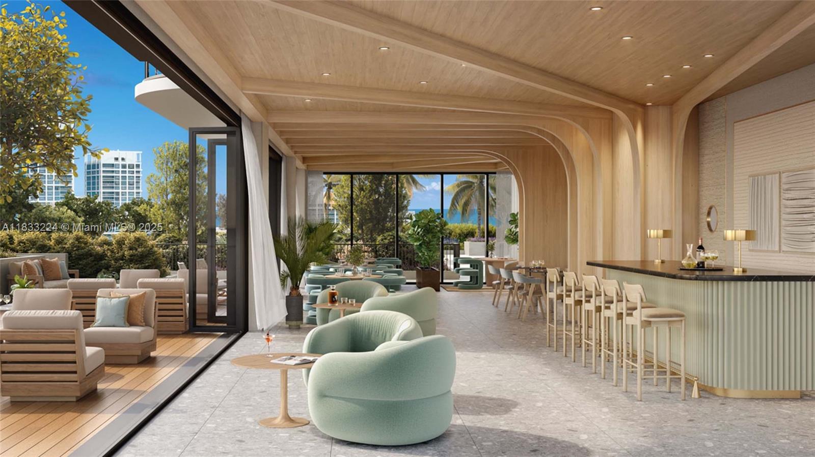 This rendering shows an indoor-outdoor lounge area featuring a bar, curved seating, and wood-paneled ceilings — 580 72 # 910, Miami Beach FL 331441, MIAMI BEACH, FL