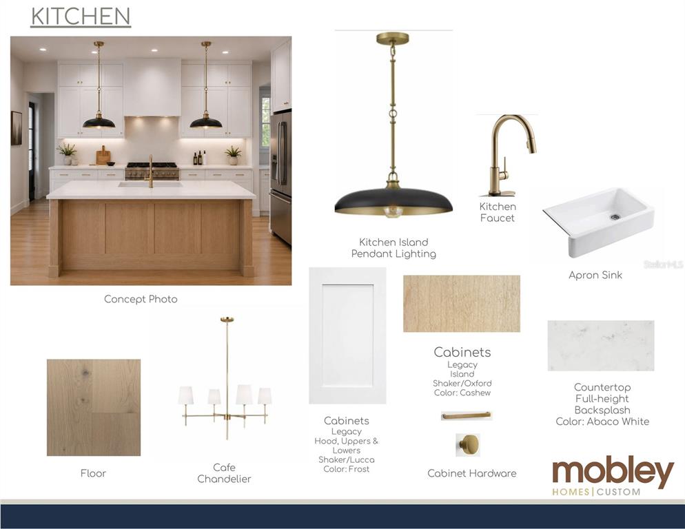 This kitchen design board features white and wood cabinets, gold hardware, and pendant lighting — 701 39TH AVENUE N, ST PETERSBURG, FL