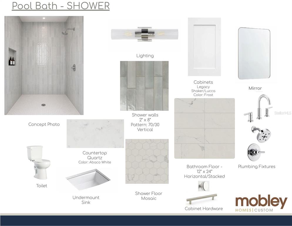 This design board displays finishes and fixtures for a bathroom, including tile, cabinetry, and hardware — 701 39TH AVENUE N, ST PETERSBURG, FL