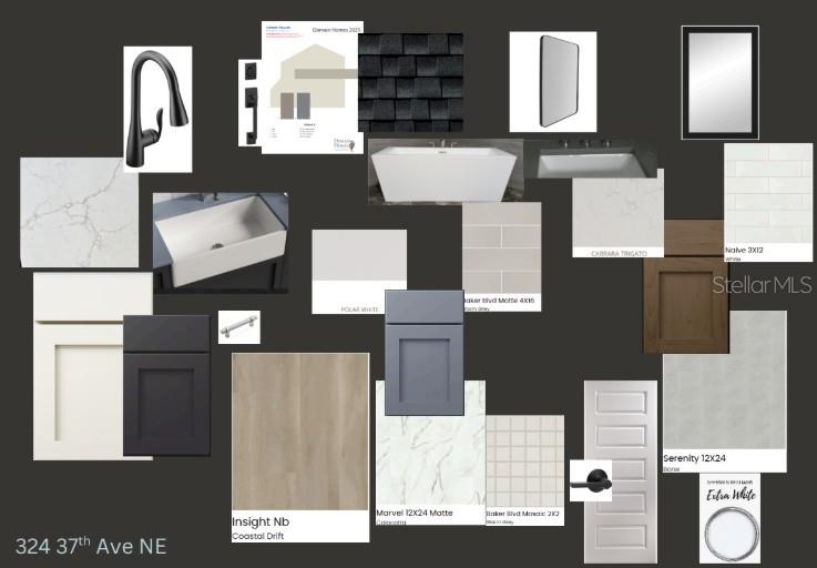 This design mood board displays various interior finish samples, including cabinetry, tile, countertops, and fixtures — 324 37TH AVENUE, ST PETERSBURG, FL