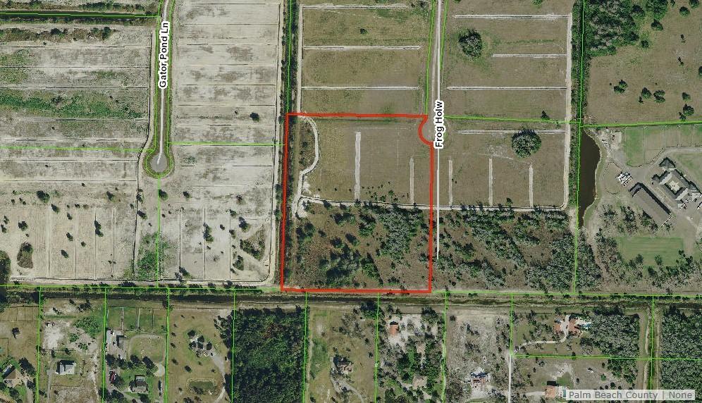 This is an aerial map showing a rectangular plot of land outlined in red — 3113 Frog Hollow, Loxahatchee FL 33470, LOXAHATCHEE, FL
