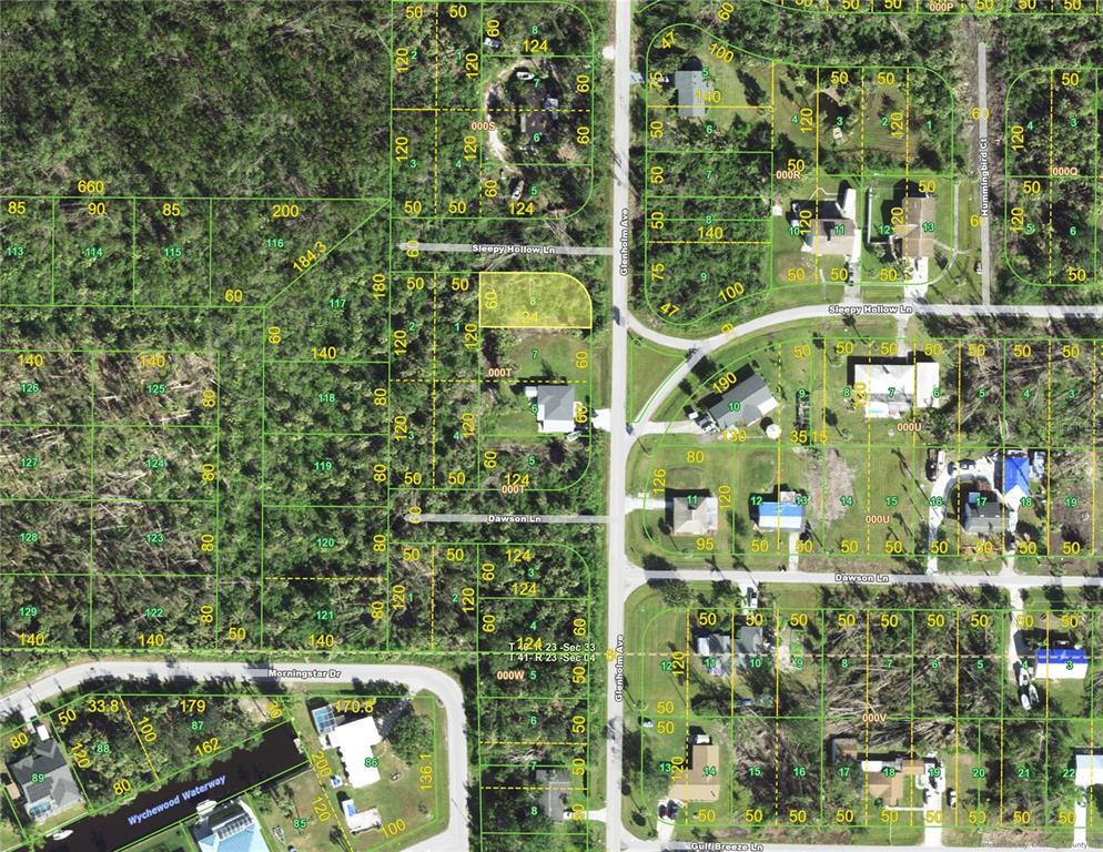 This is an aerial map showing residential land parcels, roads, and wooded areas — 151 GLENHOLM AVENUE, PUNTA GORDA, FL