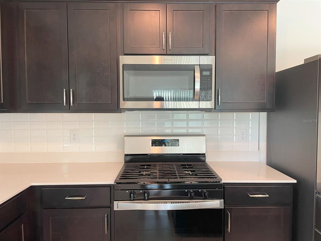 A kitchen features dark wood cabinets, stainless steel appliances, and a white subway tile backsplash — 3943 ALMOND BROOK BOULEVARD, LAND O LAKES, FL