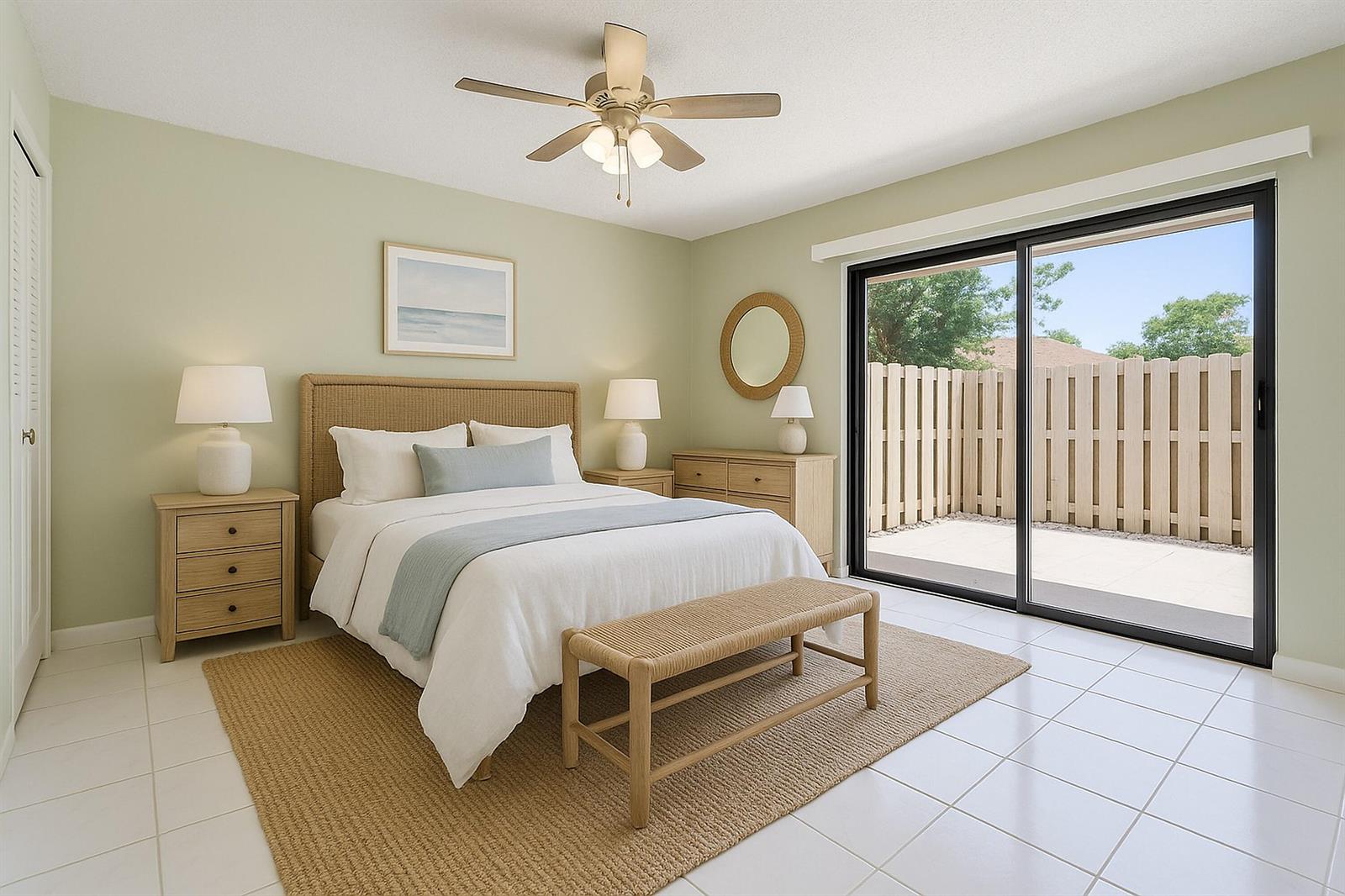 A bedroom with a queen bed, light green walls, tile floors, and a sliding glass door — 729 NW 29th Avenue # D, Delray Beach FL 33445, DELRAY BEACH, FL