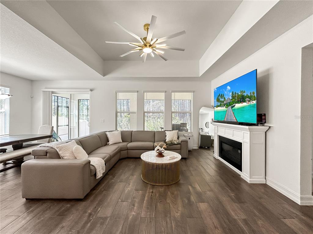 A living room features a sectional sofa, a fireplace with a television, and a chandelier — 18334 SERENE LAKE LOOP, LUTZ, FL