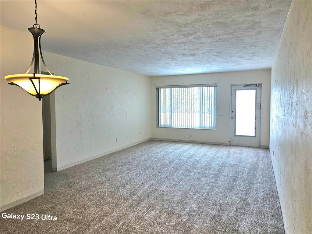 An empty living room features beige carpet, textured walls, a hanging light fixture, and a door — 2454 AUSTRALIA WAY E UNIT 46, CLEARWATER, FL