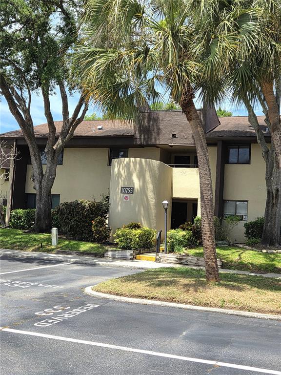 A two-story apartment building features beige stucco walls, dark brown trim, and a palm tree — 10755 VILLAGE CLUB CIRCLE N UNIT 101, ST PETERSBURG, FL