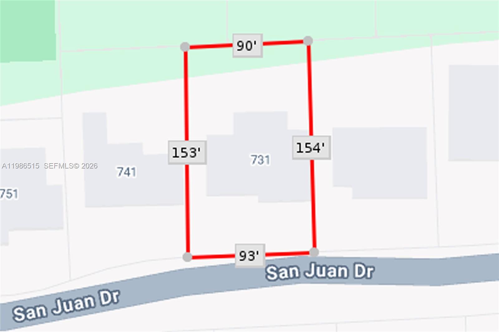 This is a map showing the property lines and dimensions of a residential lot — 731 San Juan Dr, Coral Gables FL 33143, CORAL GABLES, FL