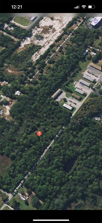 This is an aerial map view showing a wooded lot with a red location pin — 8400 W MAYO DRIVE, CRYSTAL RIVER, FL
