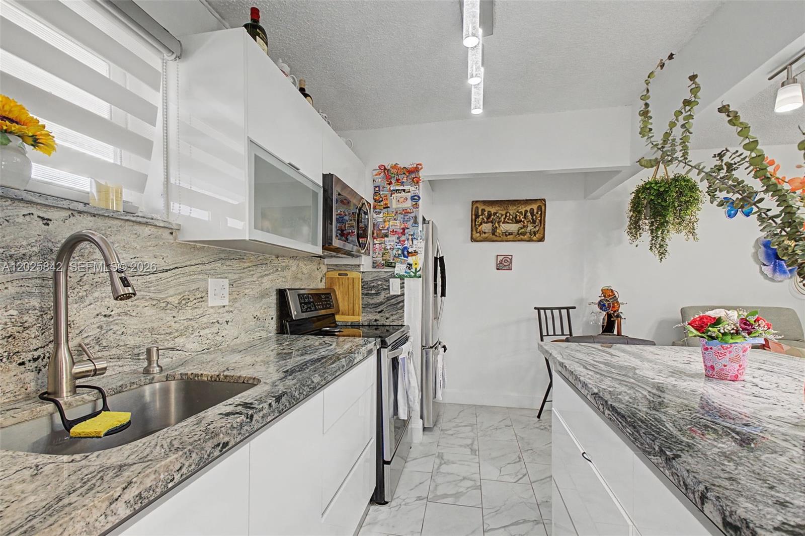 A kitchen features white cabinets, granite countertops, stainless steel appliances, and a hanging plant — 399 NW 72nd Ave # 320, Miami FL 33126, MIAMI, FL