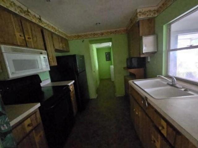 A kitchen with wood cabinets, green walls, a black refrigerator, and a white sink — 13516 SANTA ROSA AVENUE, PORT CHARLOTTE, FL