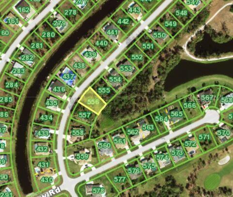 This is an aerial map showing a vacant residential lot highlighted in yellow — 120 MARKER ROAD, ROTONDA WEST, FL