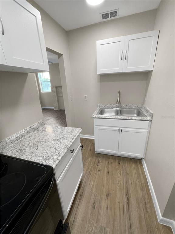 A kitchen features white cabinets, speckled countertops, a double-basin sink, and wood-look flooring — 321 W IANTHE STREET UNIT 6, TAVARES, FL