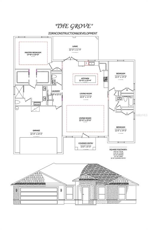 This image shows a floor plan and front elevation rendering for a residential home design — TBD SW 125 TERRACE, DUNNELLON, FL