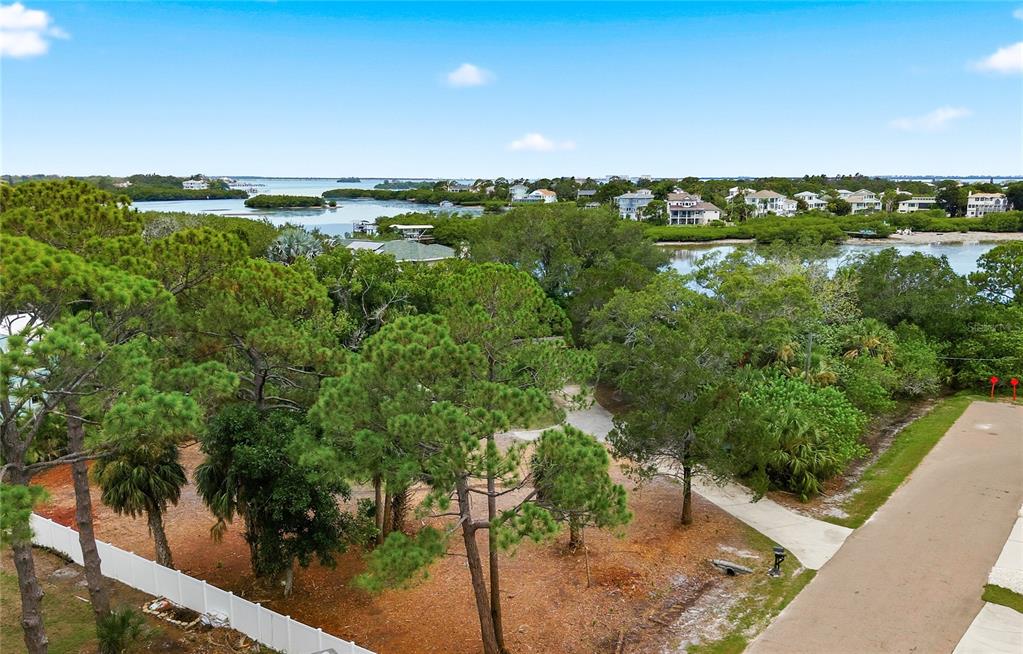 An aerial view of a wooded lot with a driveway near a coastal waterway — 700 DELAWARE AVENUE, PALM HARBOR, FL