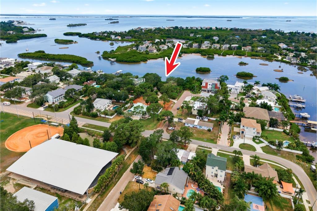 An aerial view shows a coastal neighborhood with houses, a baseball field, and a red arrow — 700 DELAWARE AVENUE, PALM HARBOR, FL