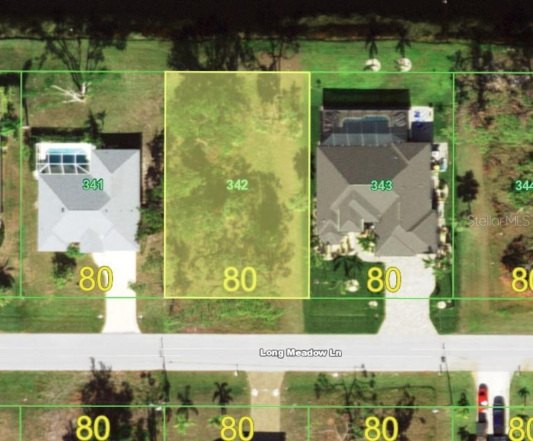 This is an aerial map showing a vacant residential lot situated between two developed properties — 254 LONG MEADOW LANE, ROTONDA WEST, FL