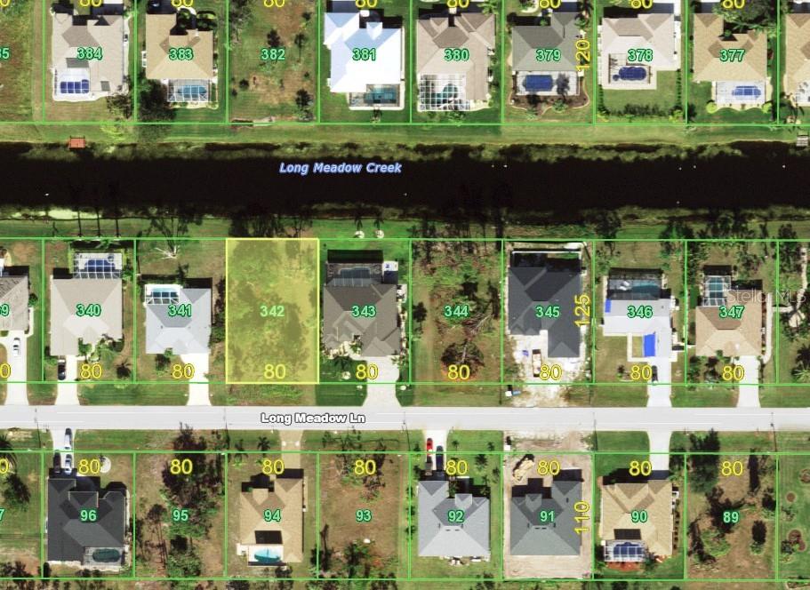 This is an aerial map showing residential lots along Long Meadow Creek and Long Meadow Lane — 254 LONG MEADOW LANE, ROTONDA WEST, FL