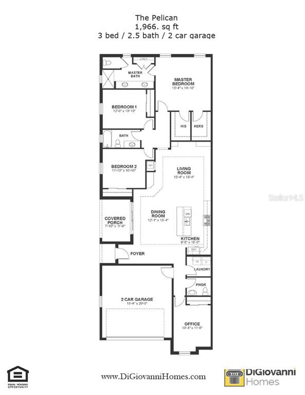 This is a floor plan for a three-bedroom, two-and-a-half-bath home with a two-car garage — 2580 MARIO WAY, CLEARWATER, FL