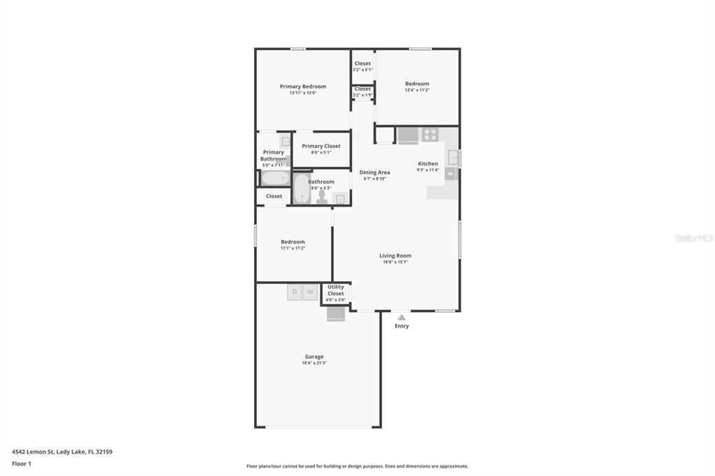 This is a floor plan for a single-story home with a garage and three bedrooms — 4542 LEMON STREET, LADY LAKE, FL
