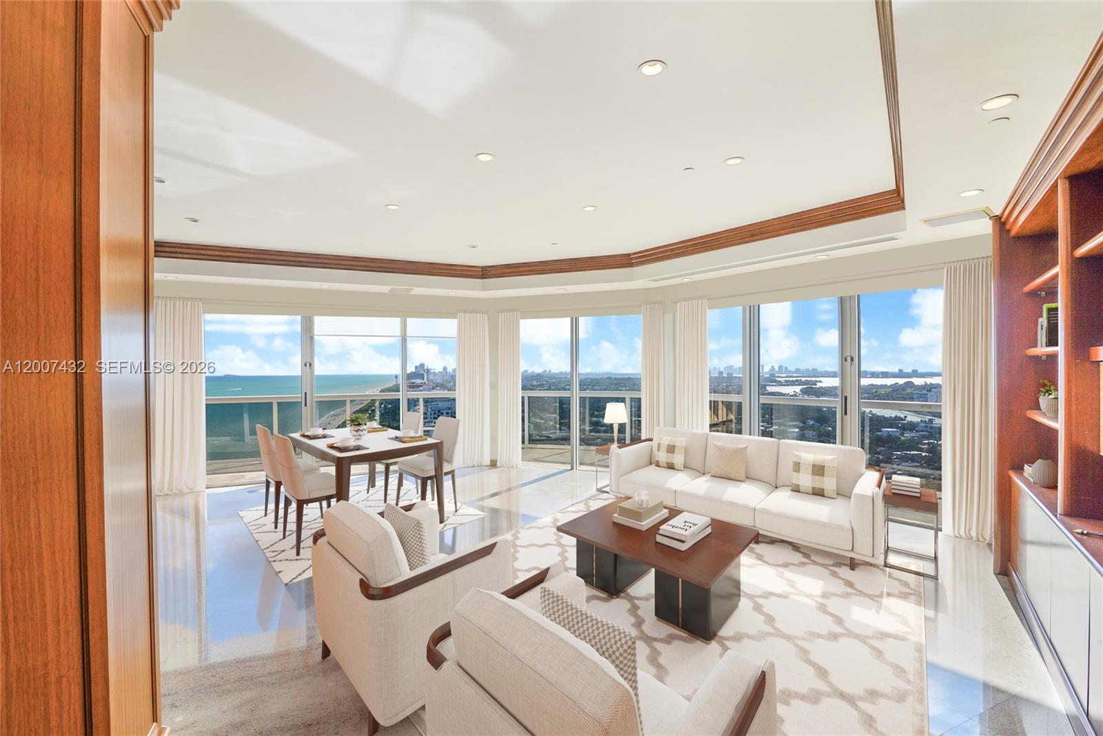 A modern living and dining area features floor-to-ceiling windows with panoramic ocean and city views — 9601 Collins Ave # T4, Bal Harbour FL 33154, BAL HARBOUR, FL