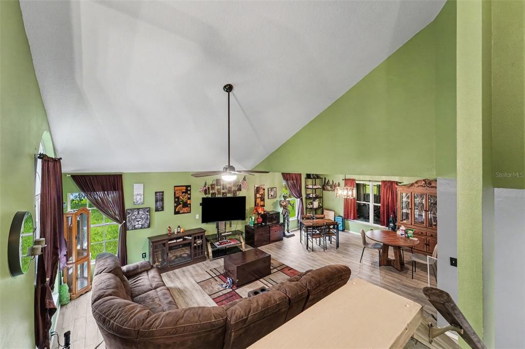 A living room with vaulted ceilings, green walls, wood-look flooring, and an open dining area — 2405 ABALONE BOULEVARD, ORLANDO, FL