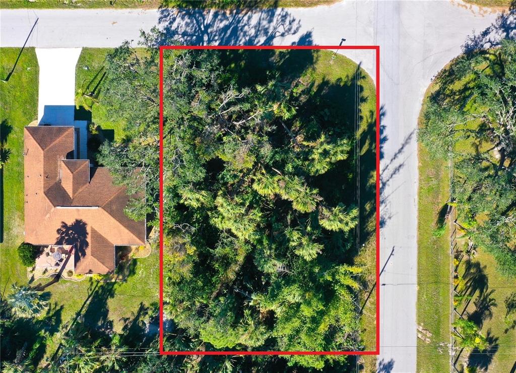 An aerial view shows a rectangular, tree-covered vacant lot outlined in red next to a house — SNYDER   (LOT 6 BLOCK 1019) STREET, NORTH PORT, FL
