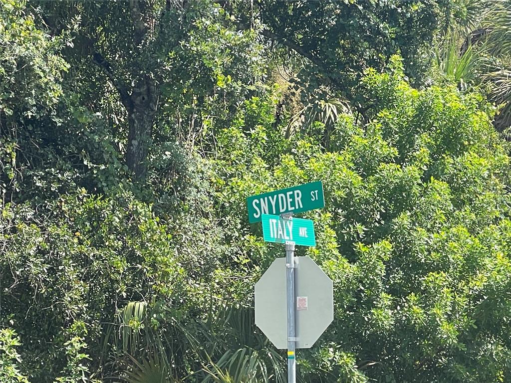A street sign at the intersection of Snyder Street and Italy Avenue stands before trees — SNYDER   (LOT 6 BLOCK 1019) STREET, NORTH PORT, FL