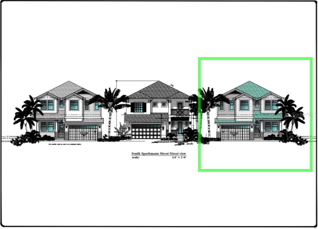 This architectural rendering shows the street-facing exterior elevation of three adjacent residential homes — 6905 S SPARKMAN STREET, TAMPA, FL