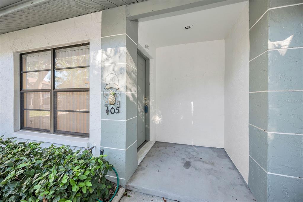 The exterior entrance of a home features a gray door, a pineapple sign, and landscaping — 3500 MAGNOLIA RIDGE CIRCLE UNIT 405, PALM HARBOR, FL