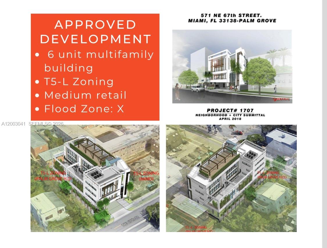 A digital rendering shows a proposed six-unit multifamily building with a rooftop terrace — 571 NE 67th St, Miami FL 33138, MIAMI, FL