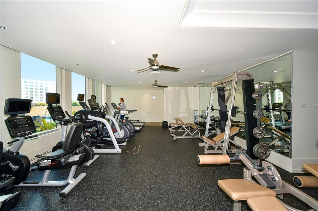 A gym with exercise equipment, rubber flooring, large windows, and a mirrored wall — 1350 MAIN STREET UNIT 1501, SARASOTA, FL
